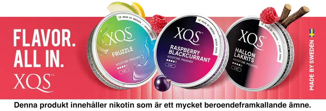 XQS vitt snus i smakerna Fruzzle, Raspberry Blackcurrant och Hallon Lakrits – köp nikotinsnus online hos Snusparty.se
