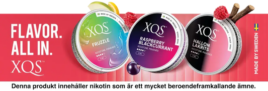 XQS vitt snus i smakerna Fruzzle, Raspberry Blackcurrant och Hallon Lakrits – köp nikotinsnus online hos Snusparty.se