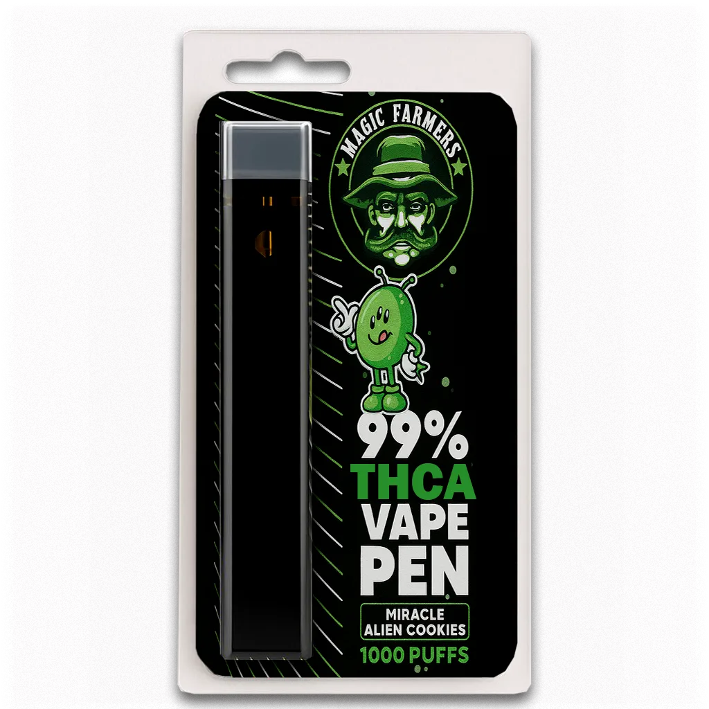 Köp THCA vape miracle alien cookies 99.4% från Magic Farmer – 1000 puffar, testad & laglig i Sverige.