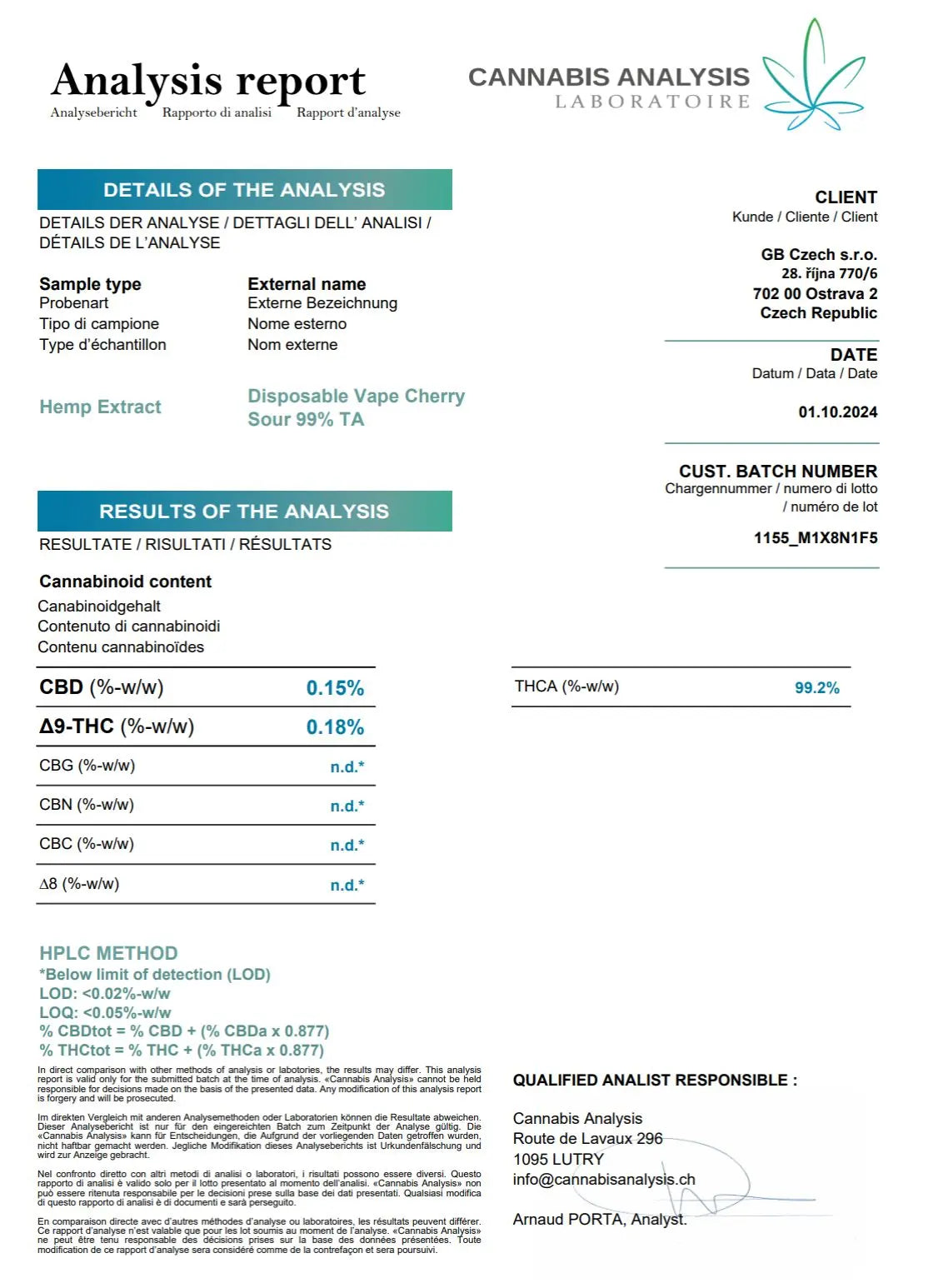 Labbrapport för THCA vape Cherry Sour– 99.4% THCA, testad och verifierad av oberoende laboratorium.
