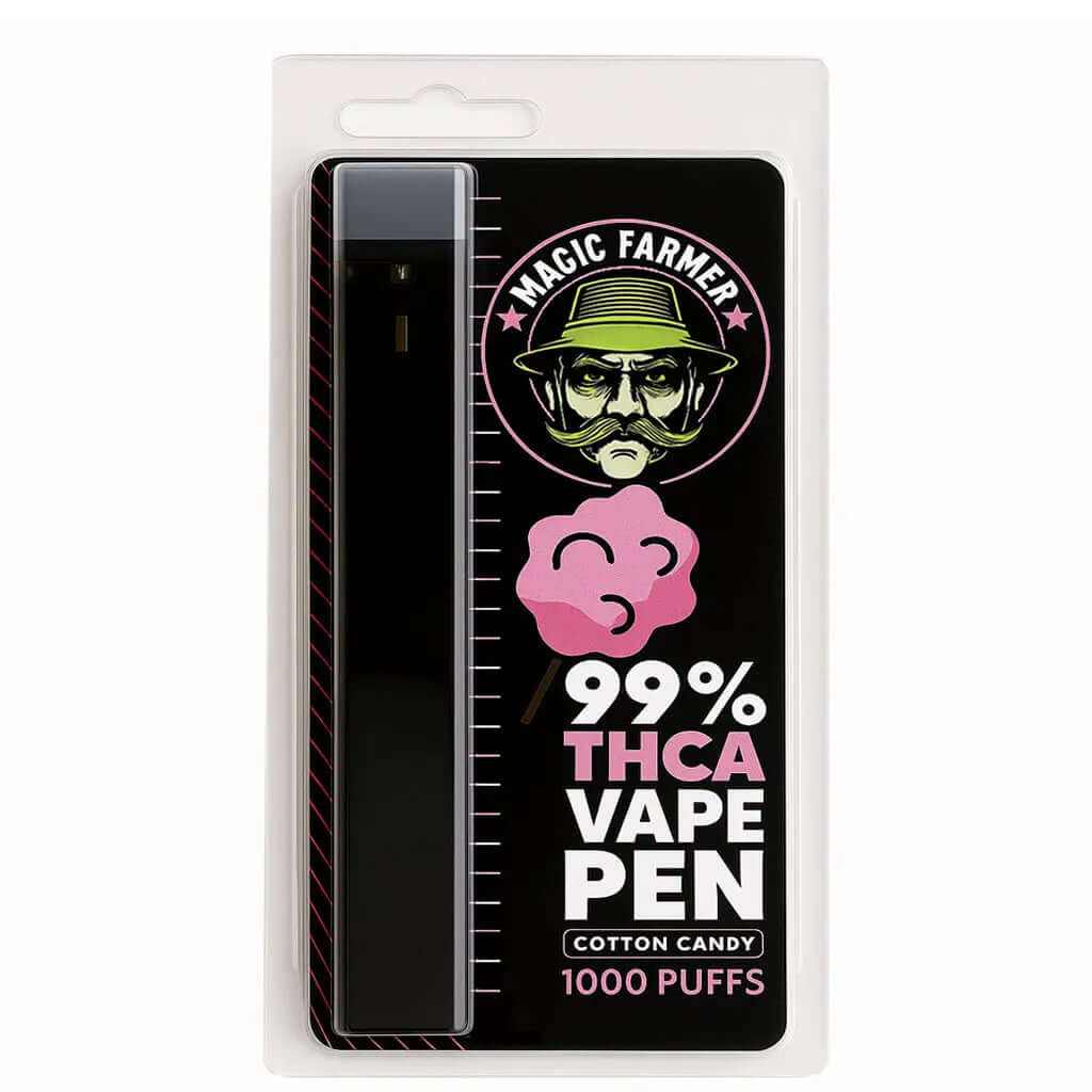 Köp THCA vape cotton candy 99.4% från Magic Farmer – 1000 puffar, testad & laglig i Sverige.