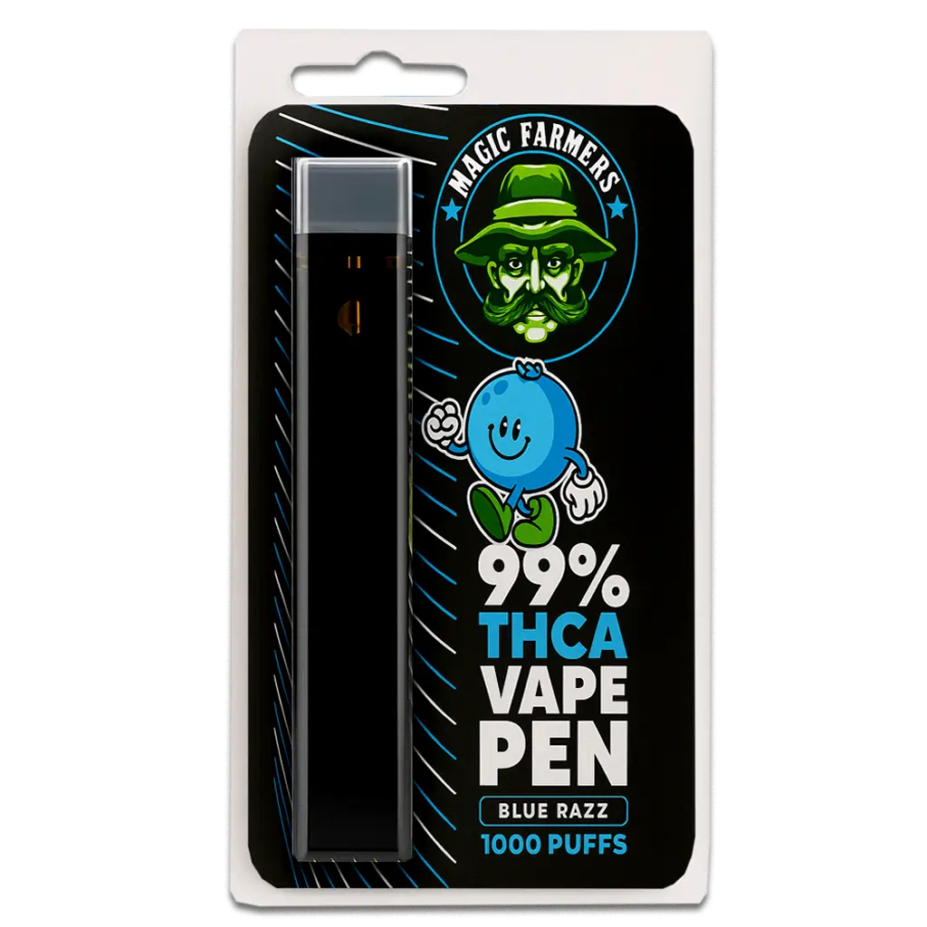 Köp THCA vape blue razz 99.4% från Magic Farmer – 1000 puffar, testad & laglig i Sverige.