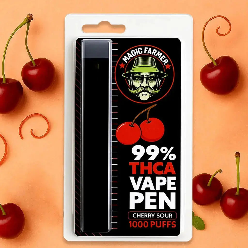THCA vape pen Cherry Sour 99 % – 1000 puffs med syrlig körsbärssmak, laglig i Sverige