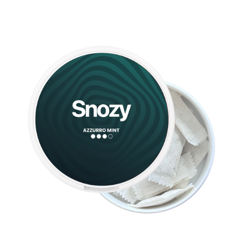 Öppnad dosa Snozy Azzurro Mint – nikotinfritt snus med fräsch mintsmak
