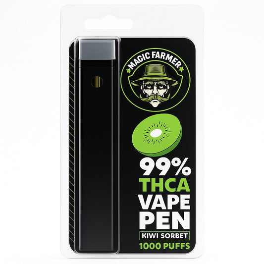 Köp THCA vape från Magic Farmer – Kiwi Sorbet smak, 99% THCA, 1000 puffs. Diskret och laglig vape i Sverige.