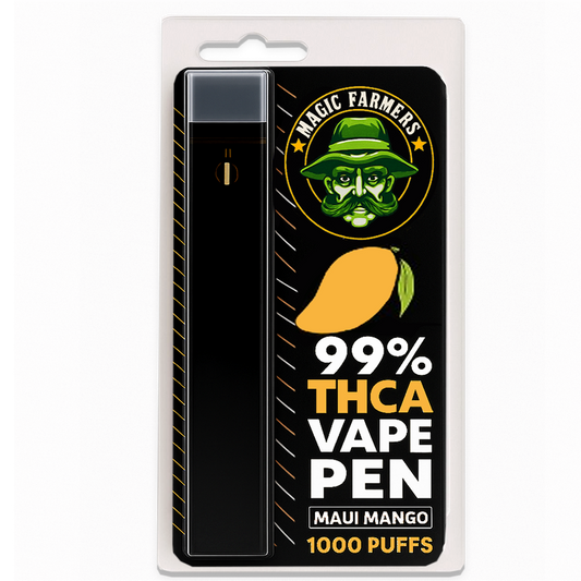 THCA vape Maui Mango 99.4% från Magic Farmer – 1000 puffar, testad & laglig i Sverige.