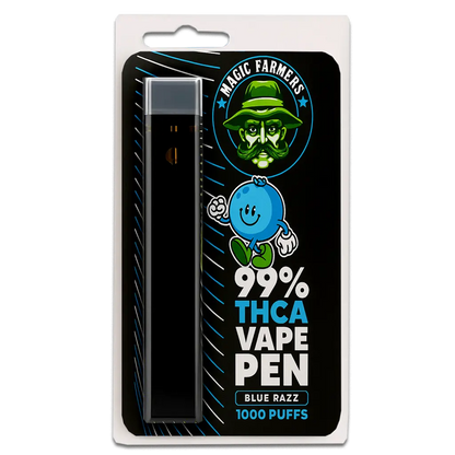 Köp THCA vape blue razz 99.4% från Magic Farmer – 1000 puffar, testad & laglig i Sverige.  