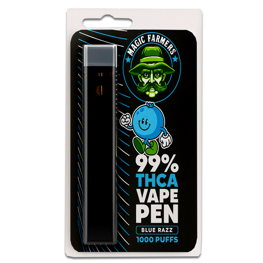 Köp THCA vape blue razz 99.4% från Magic Farmer – 1000 puffar, testad & laglig i Sverige.  