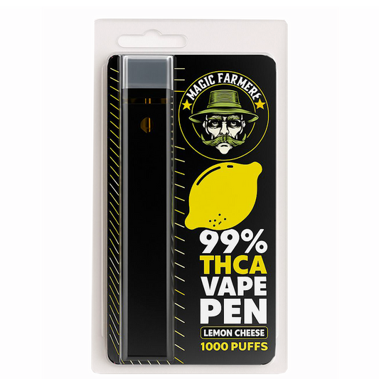 Köp THCA vape lemon cheese 99.4% från Magic Farmer – 1000 puffar, testad & laglig i Sverige.