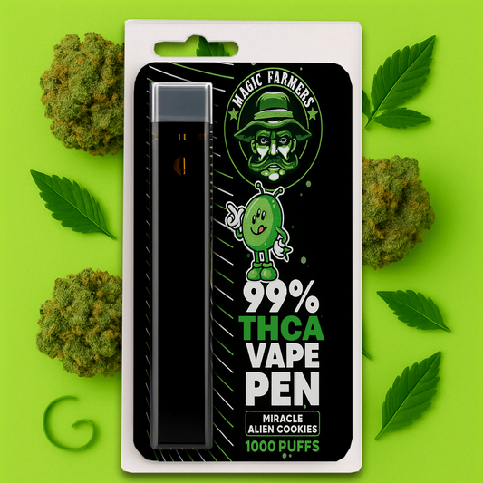 Köp THCA vape miracle alien cookies 99.4% från Magic Farmer – 1000 puffar, testad & laglig i Sverige.