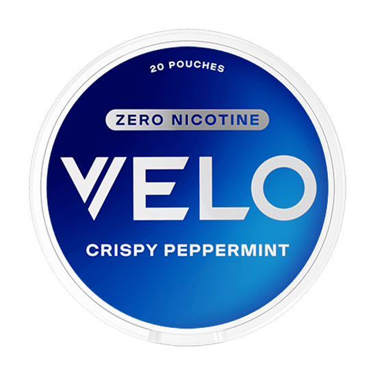 VELO Crispy Peppermint Zero – framsida av dosa med 20 nikotinfria portioner