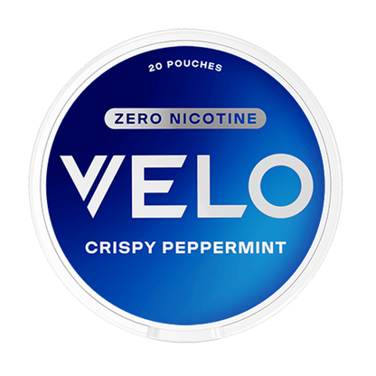 VELO Crispy Peppermint Zero – framsida av dosa med 20 nikotinfria portioner