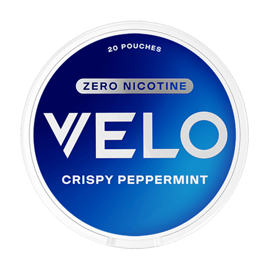 VELO Crispy Peppermint Zero – framsida av dosa med 20 nikotinfria portioner