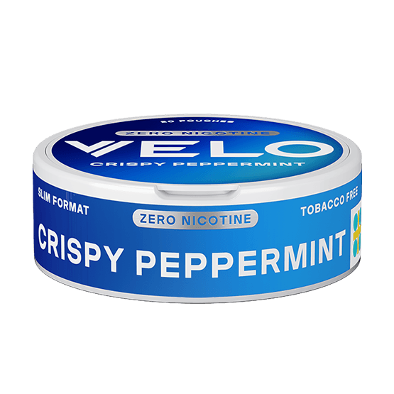 Sida av VELO Crispy Peppermint dosa – slim format och tydlig smakmarkering