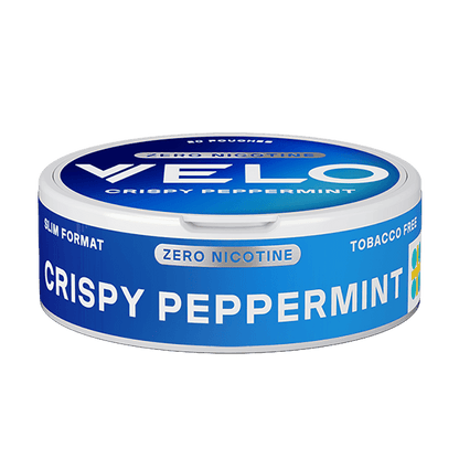 Sida av VELO Crispy Peppermint dosa – slim format och tydlig smakmarkering